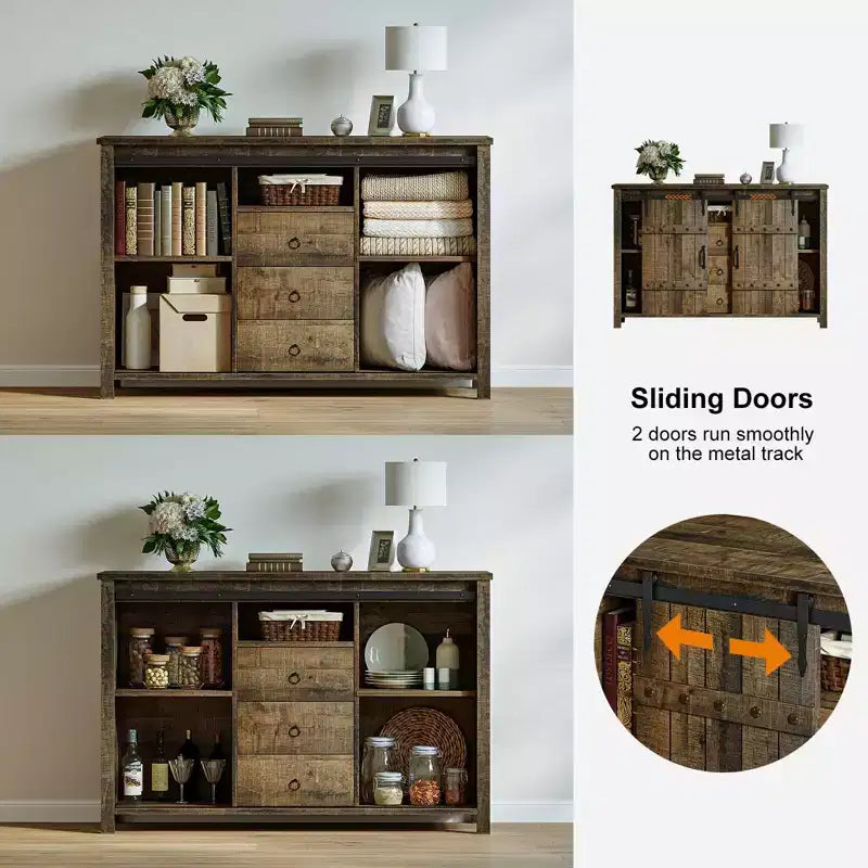 Meuble de rangement de cuisine Hausource à 3 tiroirs, buffet, armoire, porte coulissante de style grange