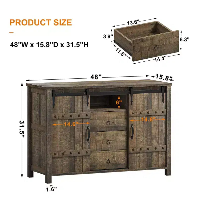 Meuble de rangement de cuisine Hausource à 3 tiroirs, buffet, armoire, porte coulissante de style grange
