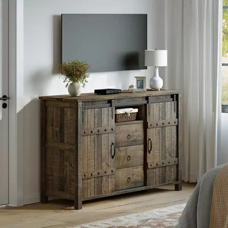 Meuble de rangement de cuisine Hausource à 3 tiroirs, buffet, armoire, porte coulissante de style grange