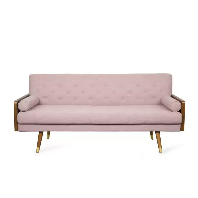 Christopher Knight Home Jalon Tufted 3 Seater Sofa with Bolster Pillows, Light Blush/Dark Walnut