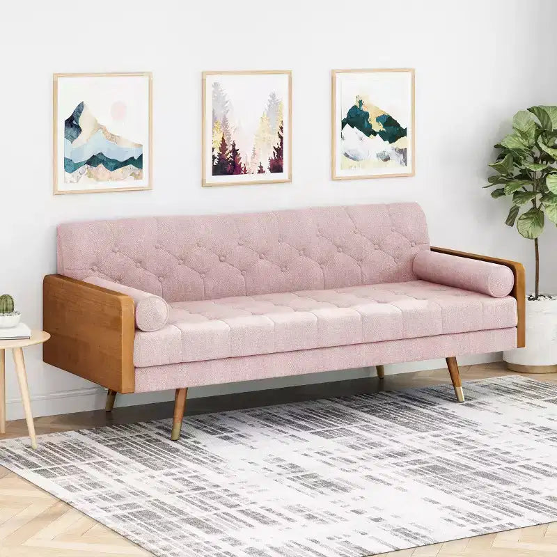 Christopher Knight Home Canapé Jalon 3 places capitonné avec traversins, Blush clair/Noyer foncé