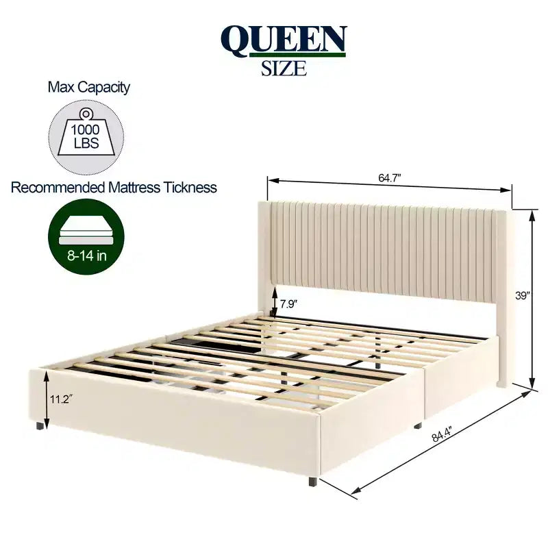 Lit Queen size matelassé Gelia Christopher Knight Home avec tête de lit capitonnée et 2 tiroirs, couleur ivoire