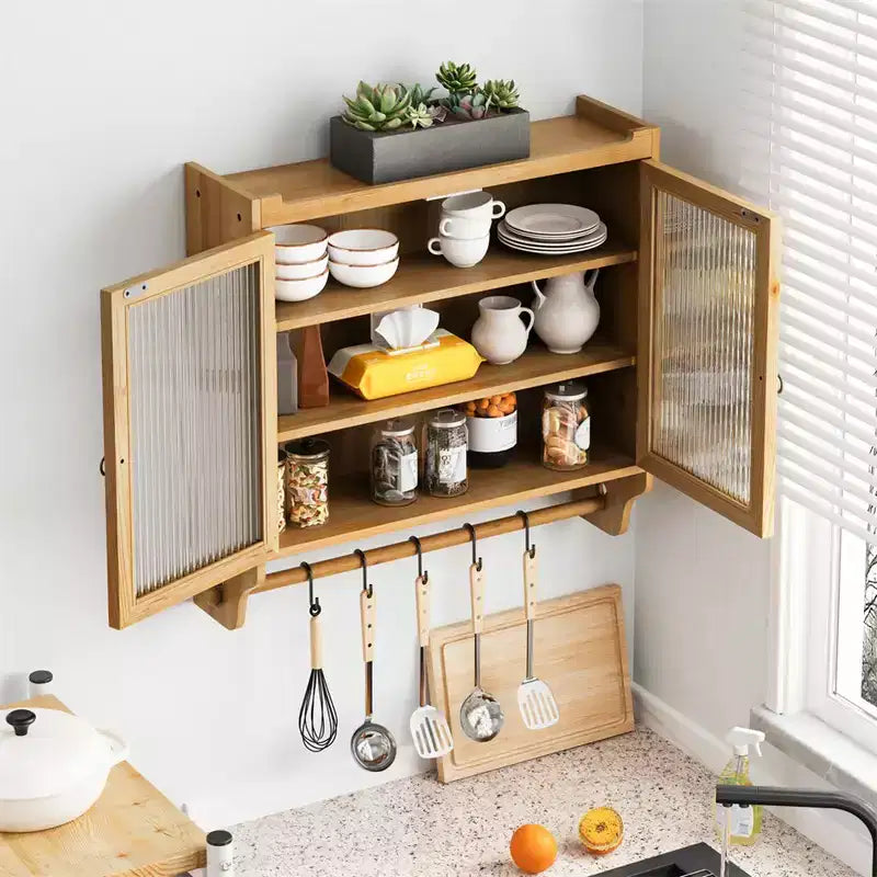 Kitchen Wall Cabinet With Towel Rack, 24.8''Glass Door Vintage Double Door Wall Cabinet With Three Tiers of Storage, for Bathroom, Kitchen,Dining Room