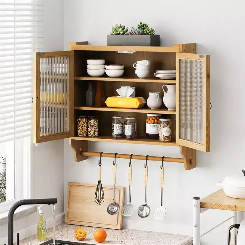 Meuble haut de cuisine avec porte-serviettes, armoire murale vintage à double porte vitrée de 63 cm avec trois niveaux de rangement, pour salle de bain, cuisine, salle à manger