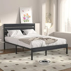 Cadre de lit plateforme Javlergo avec tête de lit en bois, support robuste en lattes métalliques/pas besoin de sommier tapissier, noir