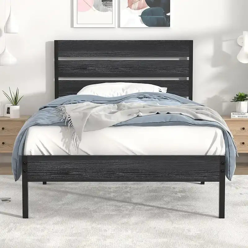 Cadre de lit plateforme Javlergo avec tête de lit en bois, support robuste en lattes métalliques/pas besoin de sommier tapissier, noir