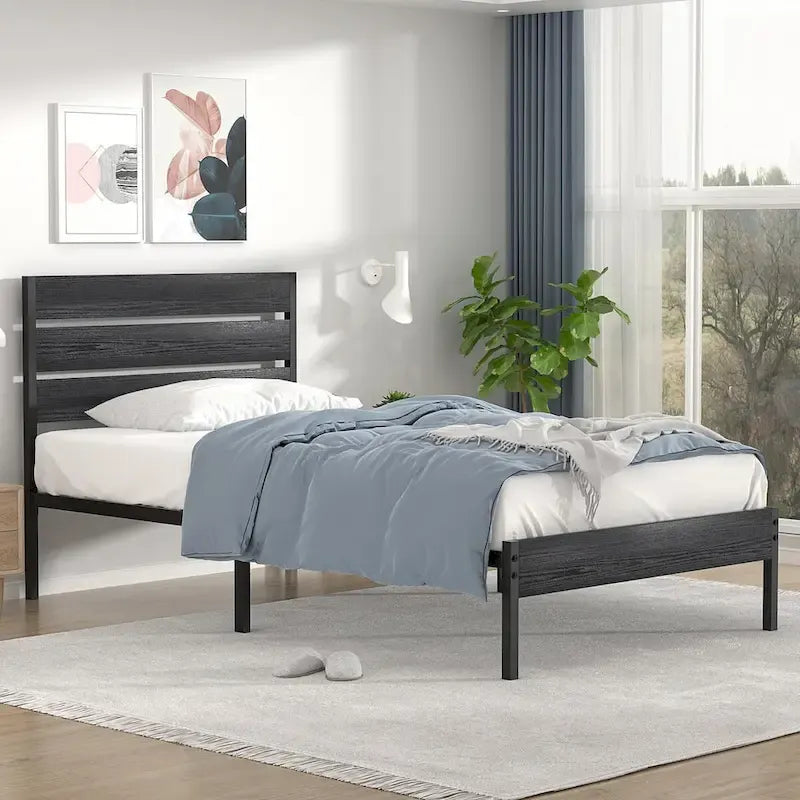 Cadre de lit plateforme Javlergo avec tête de lit en bois, support robuste en lattes métalliques/pas besoin de sommier tapissier, noir