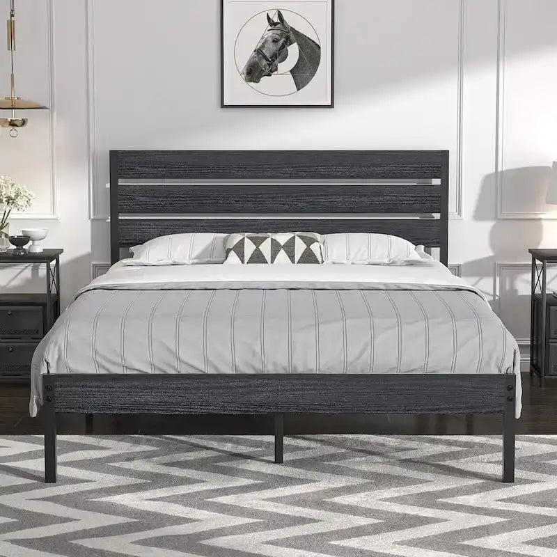 Cadre de lit plateforme Javlergo avec tête de lit en bois, support robuste en lattes métalliques/pas besoin de sommier tapissier, noir