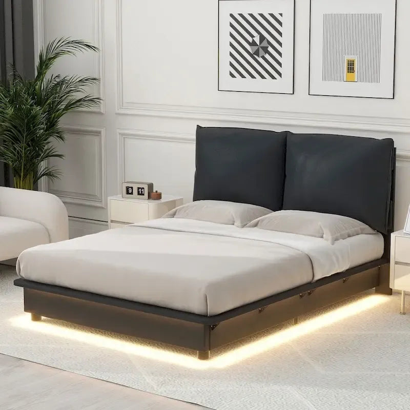 Lit plateforme rembourré avec éclairage à détecteur et dossiers ergonomiques