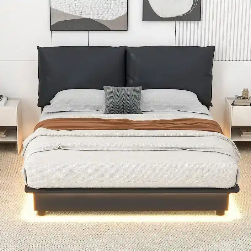 Lit plateforme rembourré avec éclairage à détecteur et dossiers ergonomiques