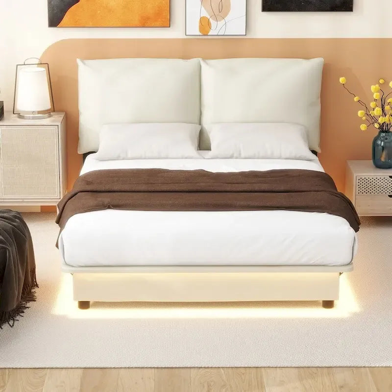 Lit plateforme rembourré avec éclairage à détecteur et dossiers ergonomiques