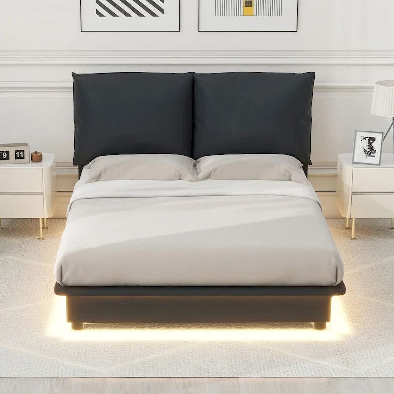 Lit plateforme rembourré avec éclairage à détecteur et dossiers ergonomiques
