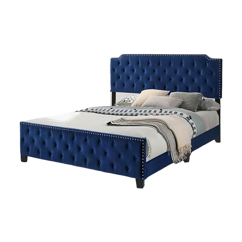 Lit California King Agapi, capitonné, clous décoratifs, revêtement en tissu bleu marine