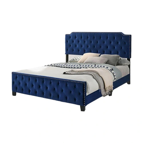 Lit California King Agapi, capitonné, clous décoratifs, revêtement en tissu bleu marine