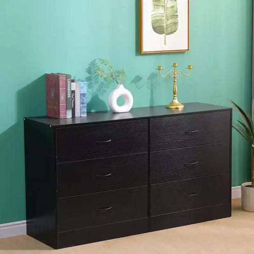 6 Drawer Dresser for Bedroom Wide Modern Chest of Drawers Steel Frame MDF Storage Black