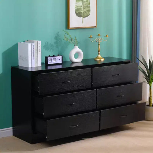 Commode de chambre à 6 tiroirs, large, moderne, cadre en acier, rangement en MDF, noir