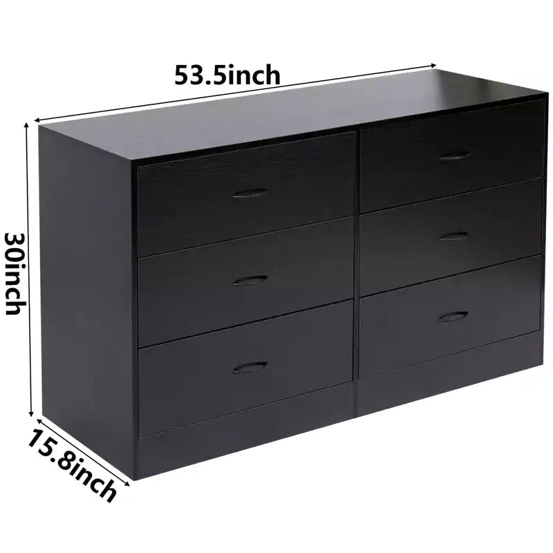 Commode de chambre à 6 tiroirs, large, moderne, cadre en acier, rangement en MDF, noir