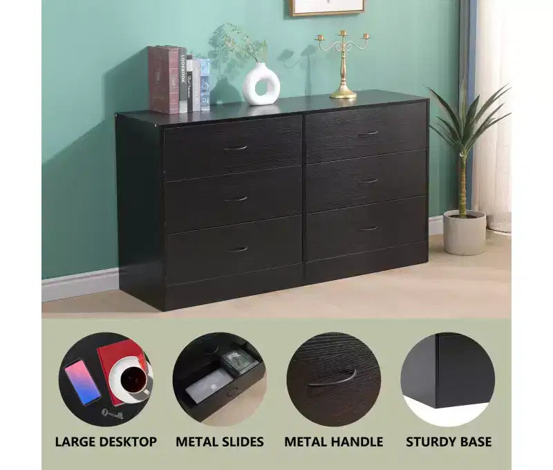 Commode de chambre à 6 tiroirs, large, moderne, cadre en acier, rangement en MDF, noir