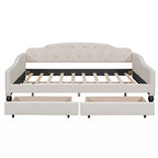 Lit de repos capitonné pleine grandeur avec deux tiroirs, beige