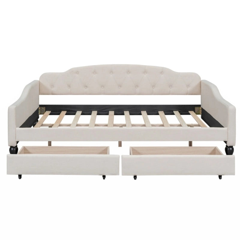 Lit de repos capitonné pleine grandeur avec deux tiroirs, beige