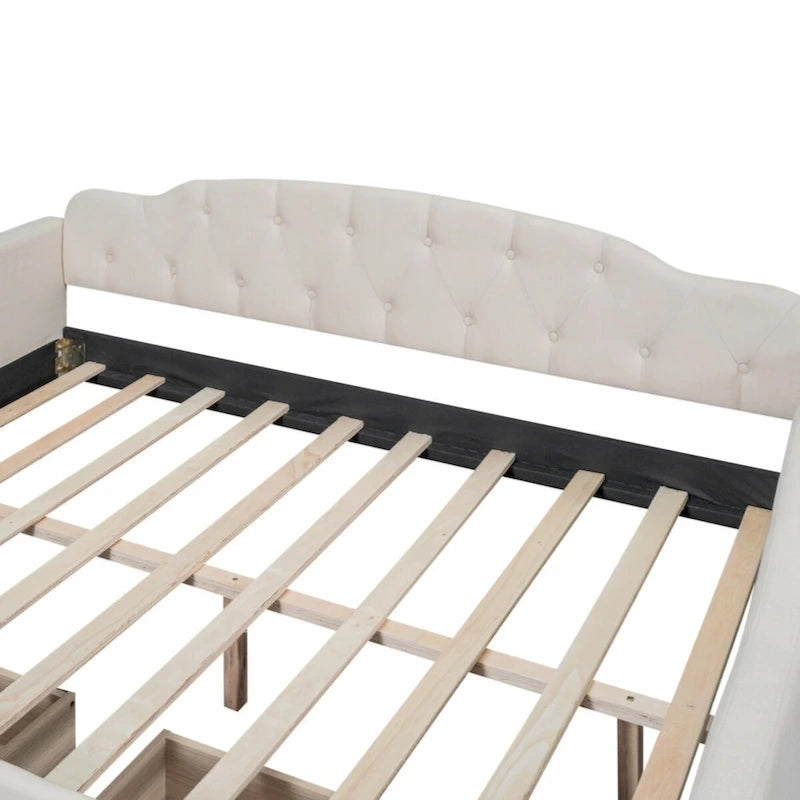 Lit de repos capitonné pleine grandeur avec deux tiroirs, beige