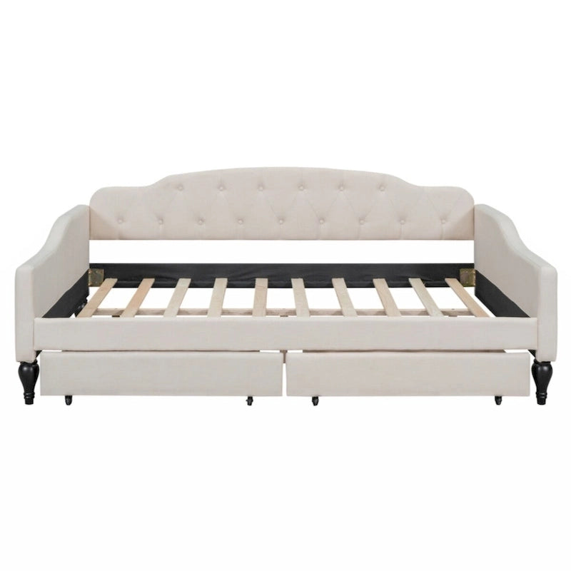 Lit de repos capitonné pleine grandeur avec deux tiroirs, beige