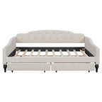 Lit de repos capitonné pleine grandeur avec deux tiroirs, beige