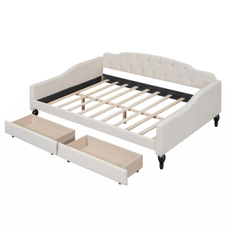 Lit de repos capitonné pleine grandeur avec deux tiroirs, beige