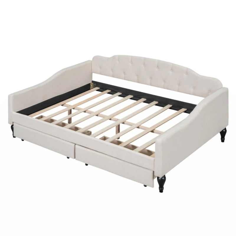 Lit de repos capitonné pleine grandeur avec deux tiroirs, beige