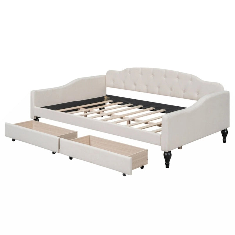Lit de repos capitonné pleine grandeur avec deux tiroirs, beige