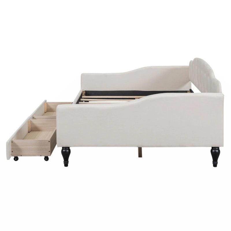 Lit de repos capitonné pleine grandeur avec deux tiroirs, beige