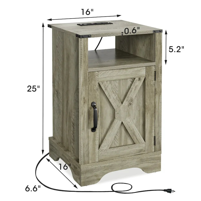 Table de chevet rustique avec station de charge et porte coulissante style grange