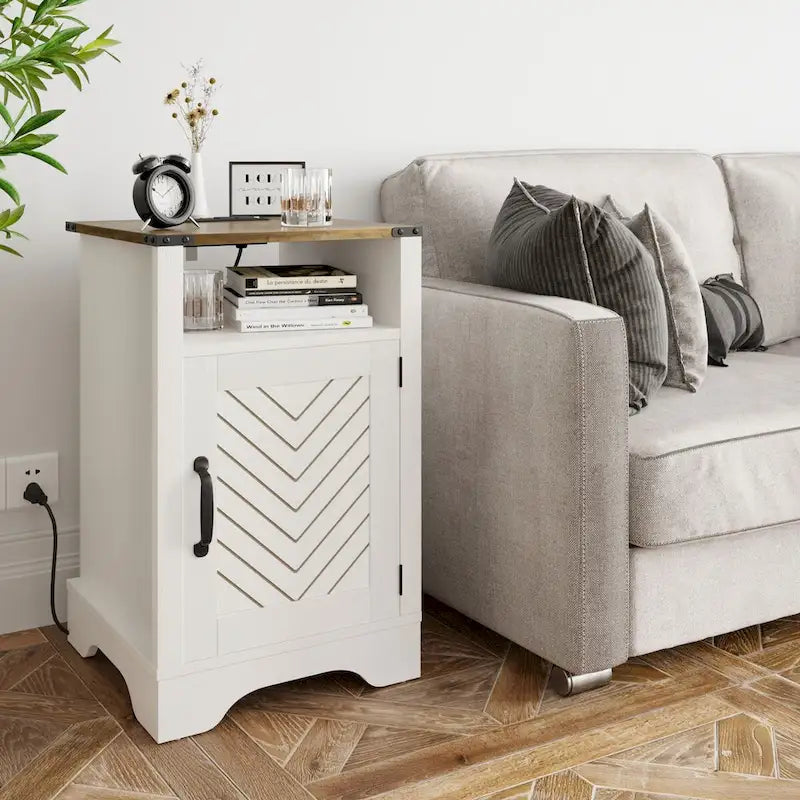 Table de chevet rustique avec station de charge et porte coulissante style grange