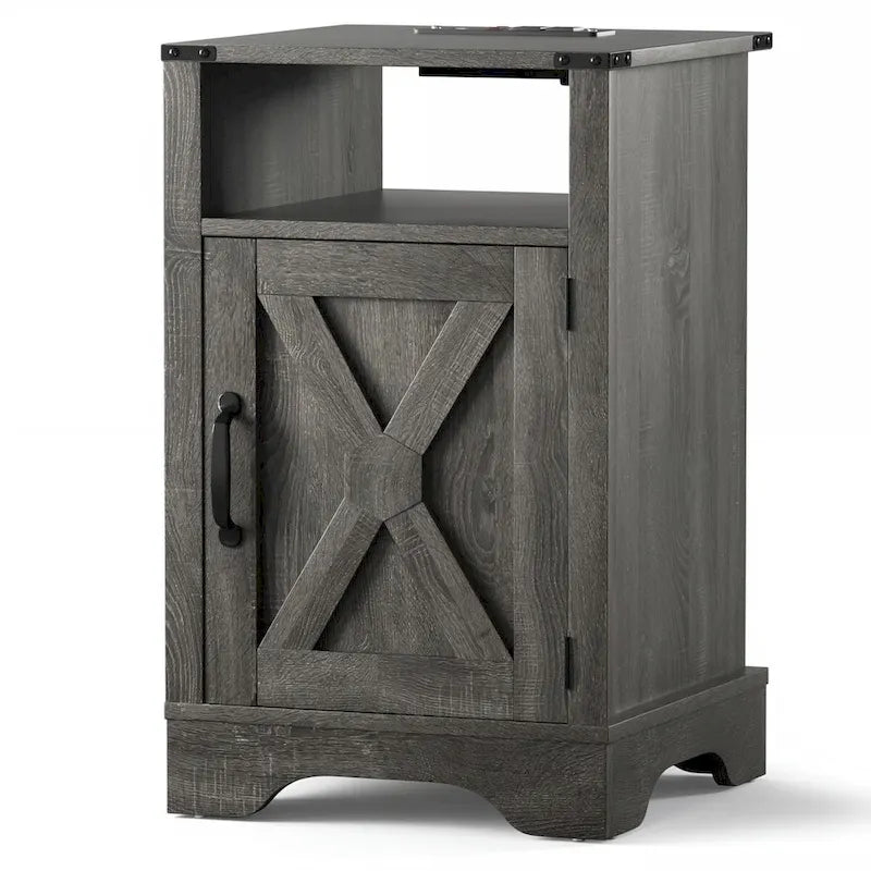 Table de chevet rustique avec station de charge et porte coulissante style grange