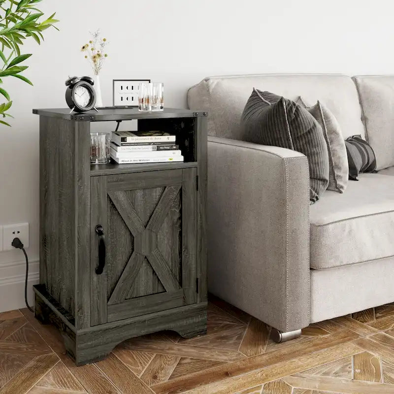 Table de chevet rustique avec station de charge et porte coulissante style grange