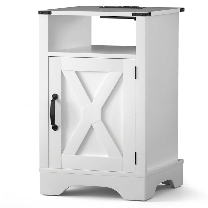 Table de chevet rustique avec station de charge et porte coulissante style grange