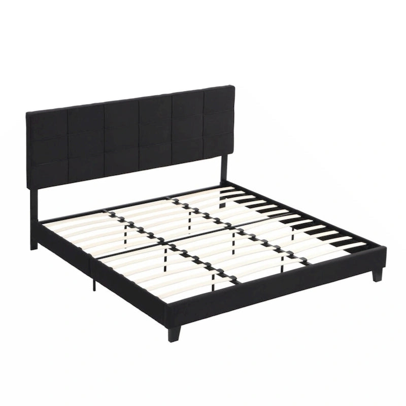 Cadre de lit plateforme rembourré King Size avec tête de lit en tissu de lin, noir