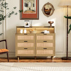 43.316-Commode de rangement en rotin à tiroirs Commode en rotin avec lumières LED et prise de courant, pour chambre, salon