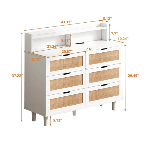 43.316-Drawers Rattan Storage Cabinet Rattan Drawer with LED Lights and Power Outlet,for Bedroom,Living Room