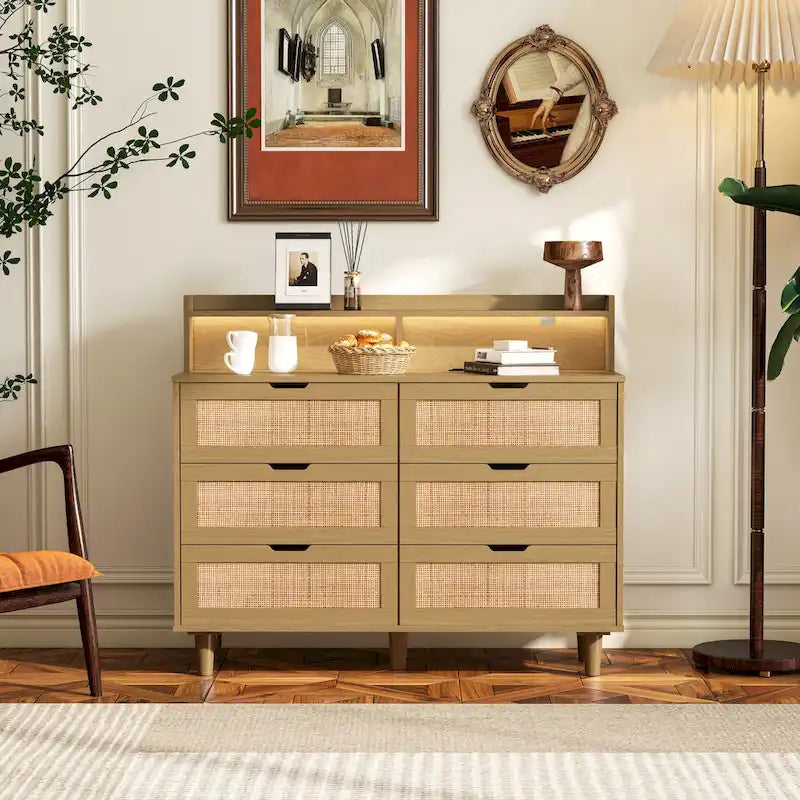 43.316-Commode de rangement en rotin à tiroirs Commode en rotin avec lumières LED et prise de courant, pour chambre, salon