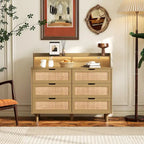 43.316-Commode de rangement en rotin à tiroirs Commode en rotin avec lumières LED et prise de courant, pour chambre, salon