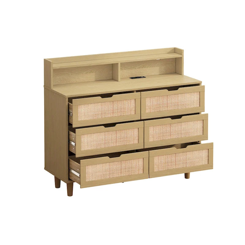 43.316-Commode de rangement en rotin à tiroirs Commode en rotin avec lumières LED et prise de courant, pour chambre, salon