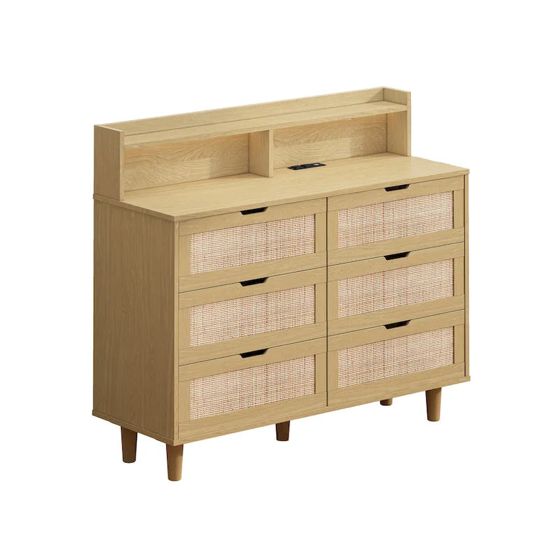 43.316-Commode de rangement en rotin à tiroirs Commode en rotin avec lumières LED et prise de courant, pour chambre, salon
