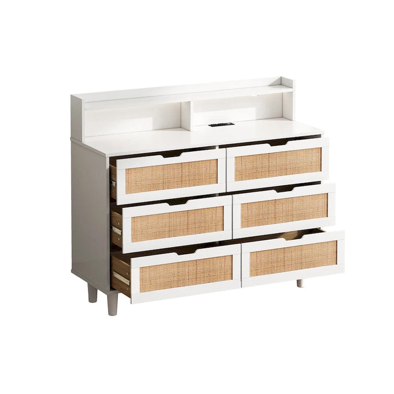 43.316-Commode de rangement en rotin à tiroirs Commode en rotin avec lumières LED et prise de courant, pour chambre, salon