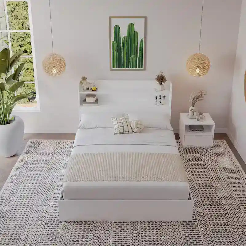 Lit plateforme Hunter avec tête de lit et table de chevet à 1 tiroir