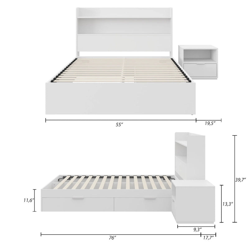 Lit plateforme Hunter avec tête de lit et table de chevet à 1 tiroir