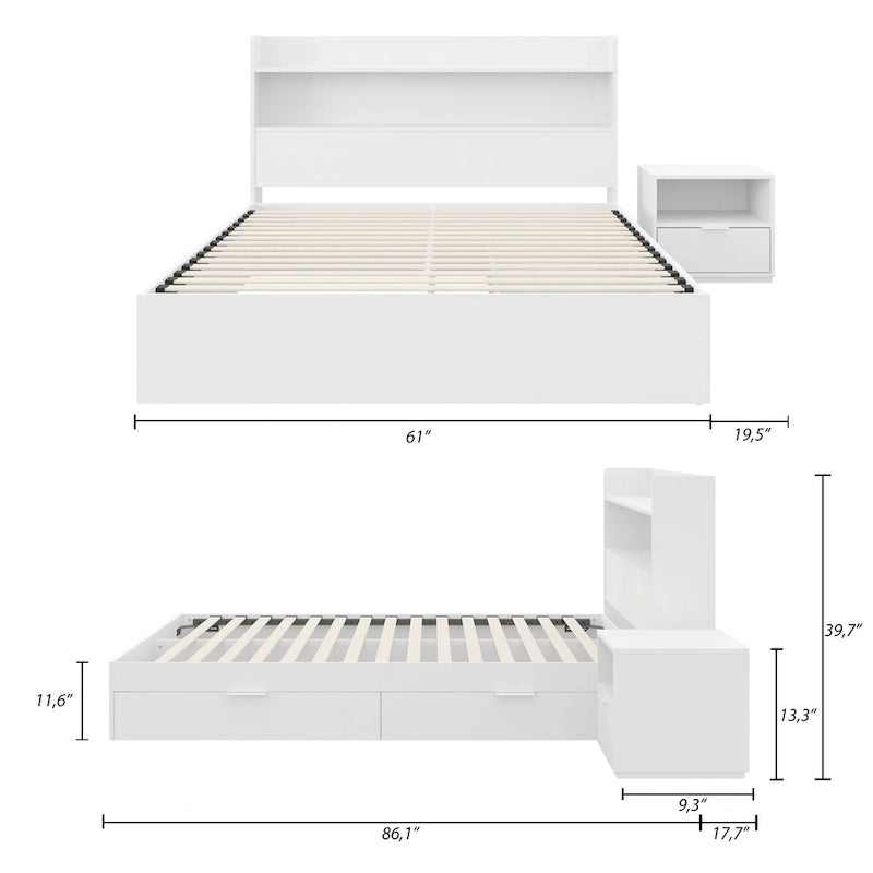 Lit plateforme Hunter avec tête de lit et table de chevet à 1 tiroir