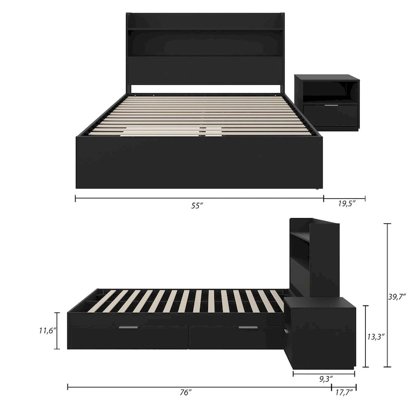 Lit plateforme Hunter avec tête de lit et table de chevet à 1 tiroir