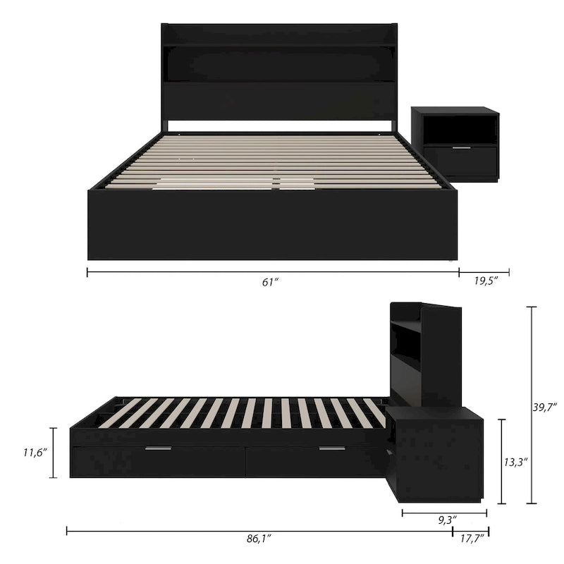 Lit plateforme Hunter avec tête de lit et table de chevet à 1 tiroir