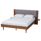 Lit plateforme Hemera Mid-Century Modern en tissu gris et bois de noyer marron avec table de chevet flottante, grand format